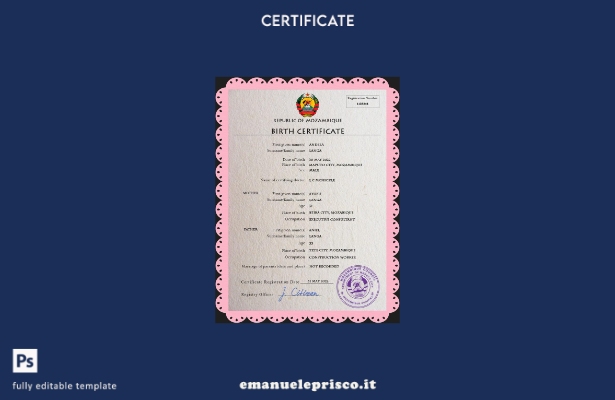Modello PSD del certificato di nascita del Mozambico in stile verificato